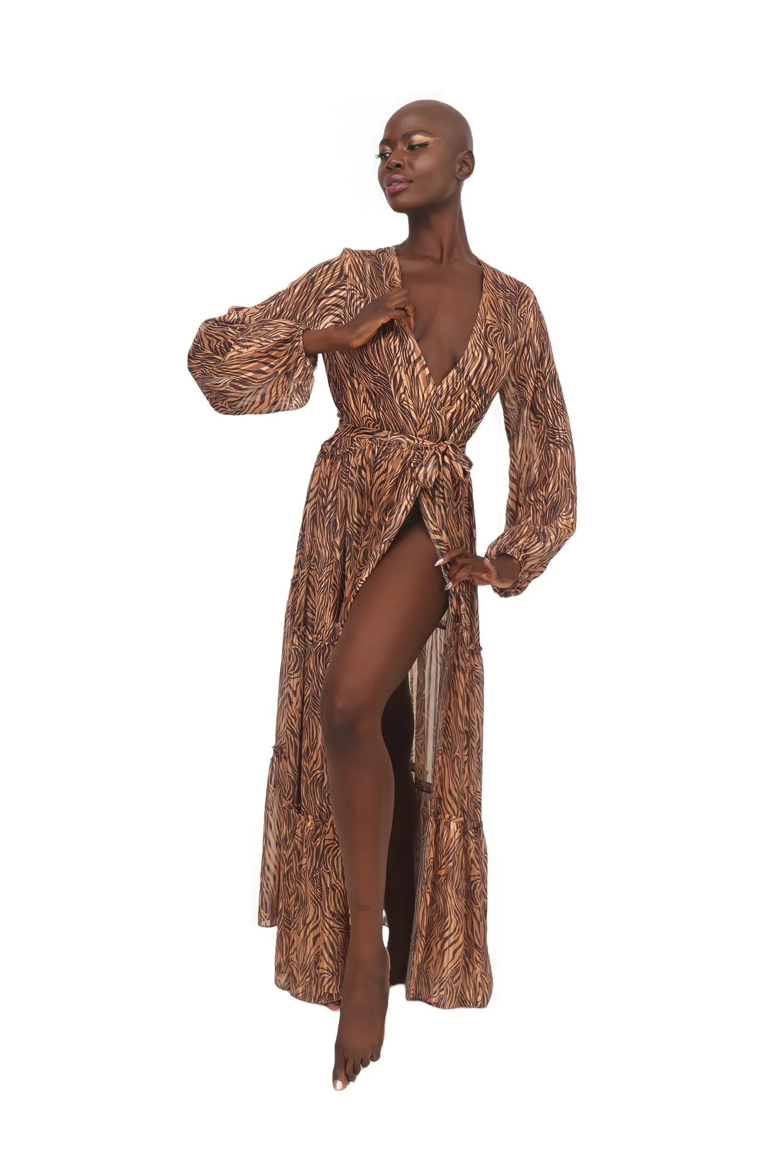 Maxi Wrap Duster Dress - Tiger Brown