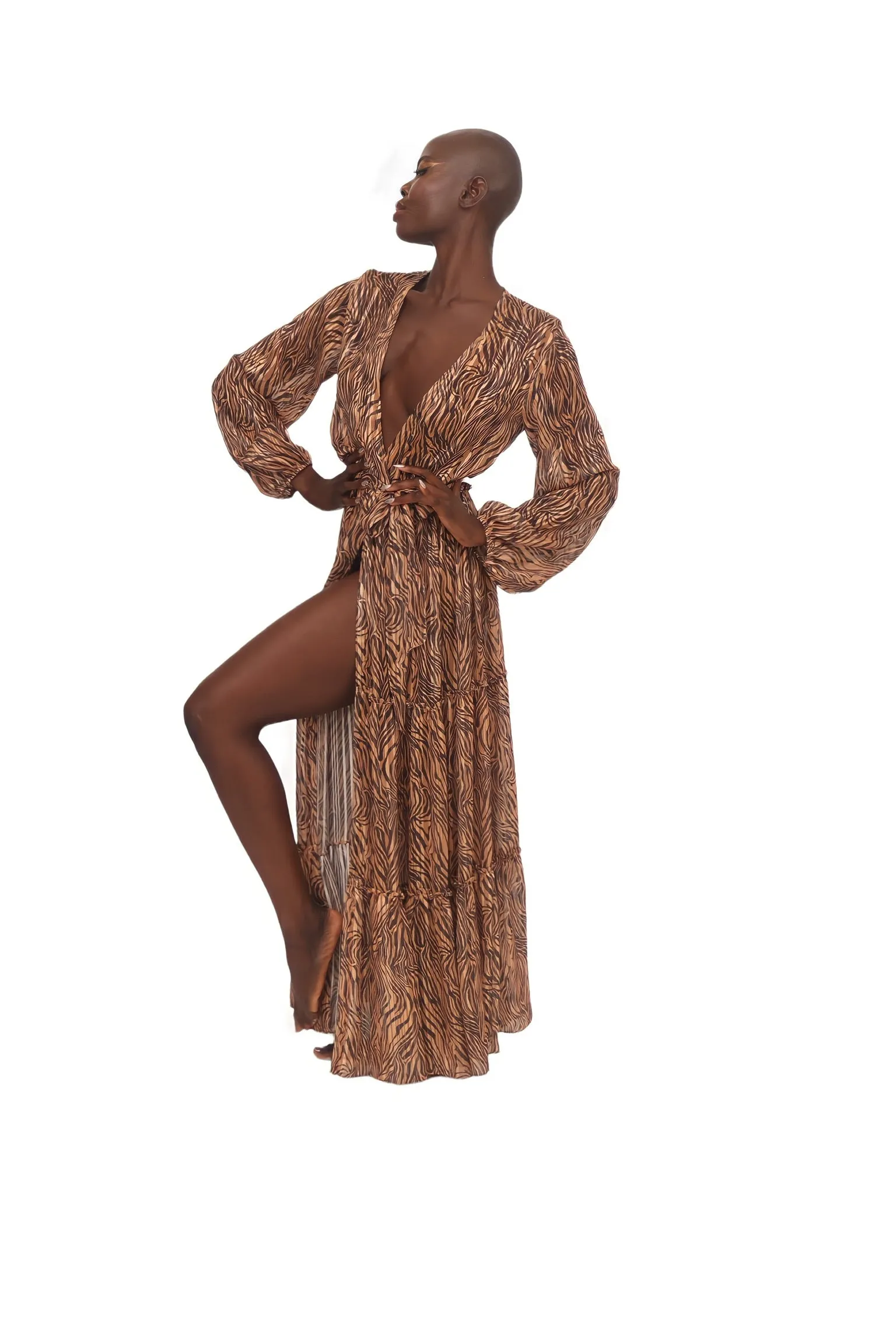 Maxi Wrap Duster Dress - Tiger Brown