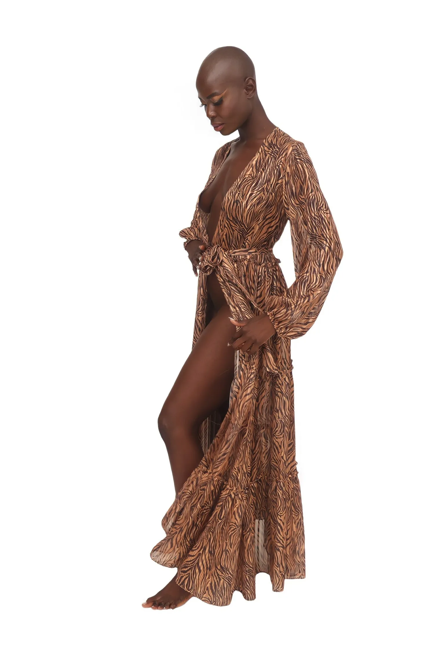 Maxi Wrap Duster Dress - Tiger Brown