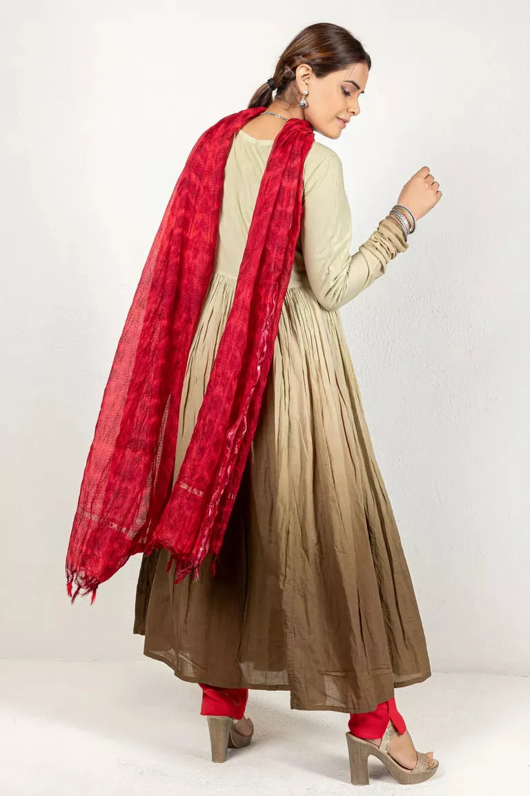 Mehndi Green & Red Cotton Kurta With Dupatta Set