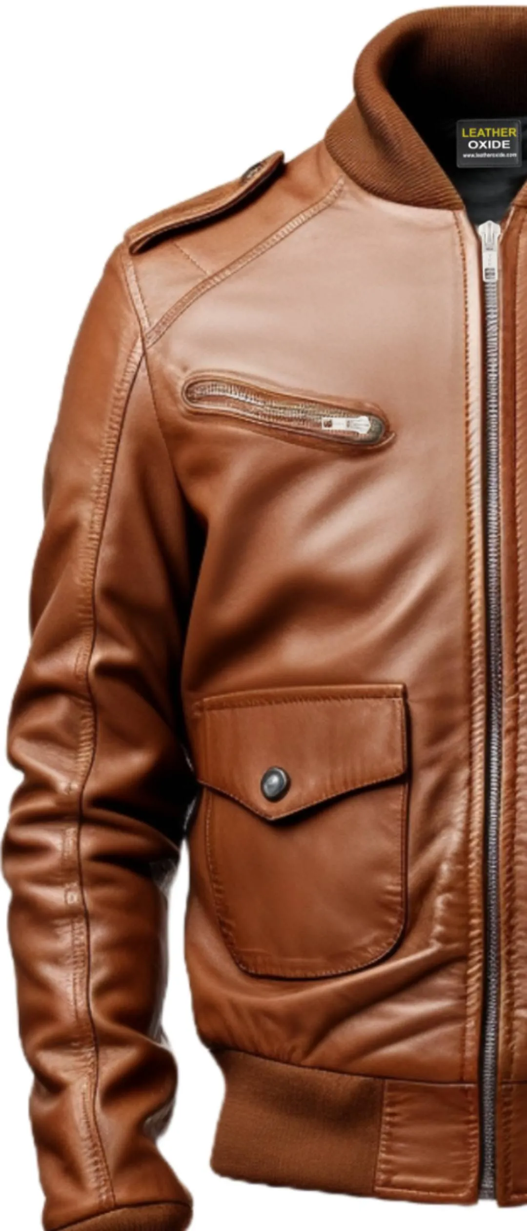 Men Brown Leather Strap Pocket Style Jacket - Brown Leather Jacket Men