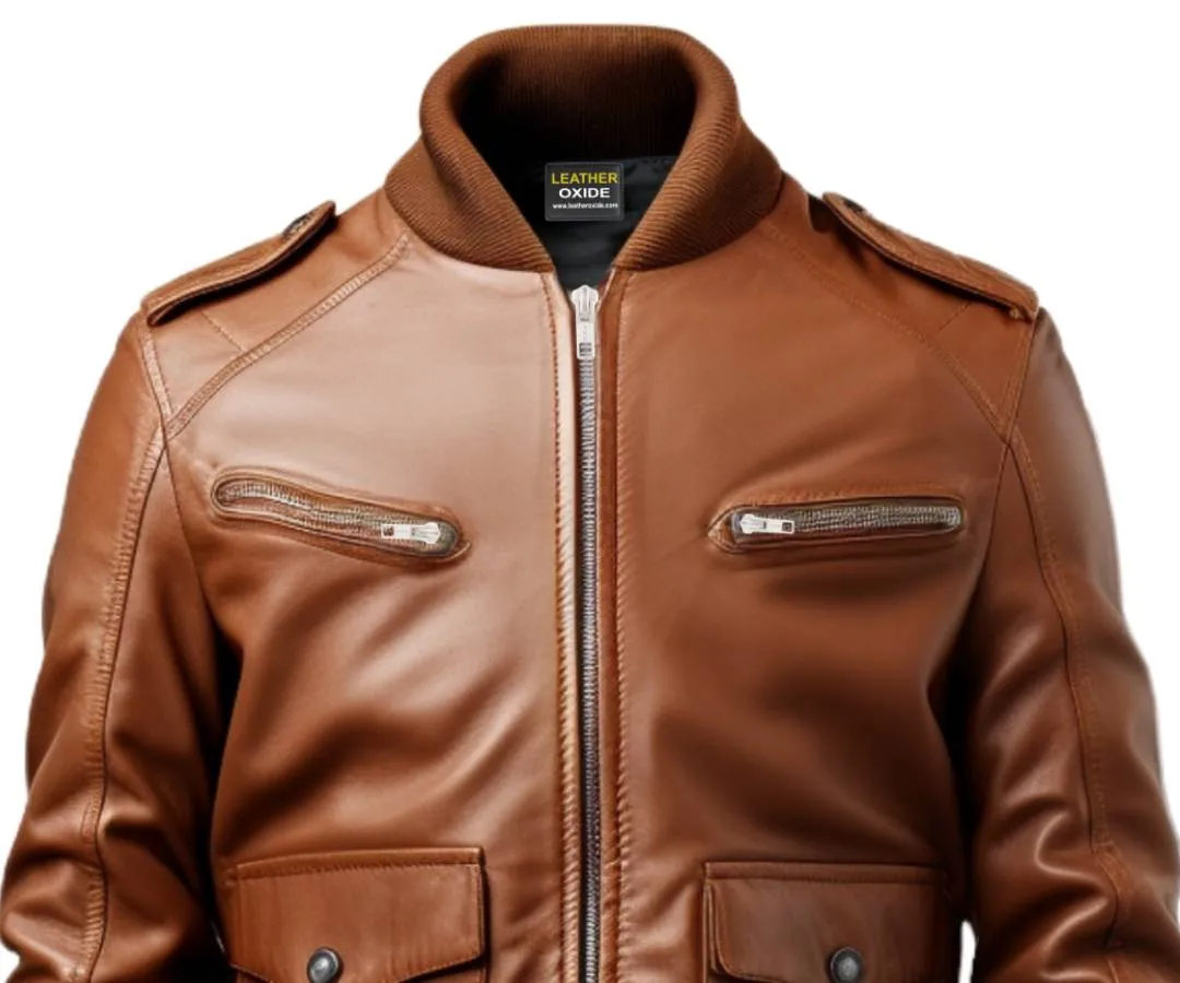 Men Brown Leather Strap Pocket Style Jacket - Brown Leather Jacket Men