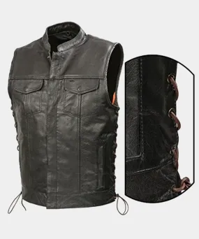 Men’s Brown Leather Club-Style Vest with Side Lace and Concealed Gun Pockets