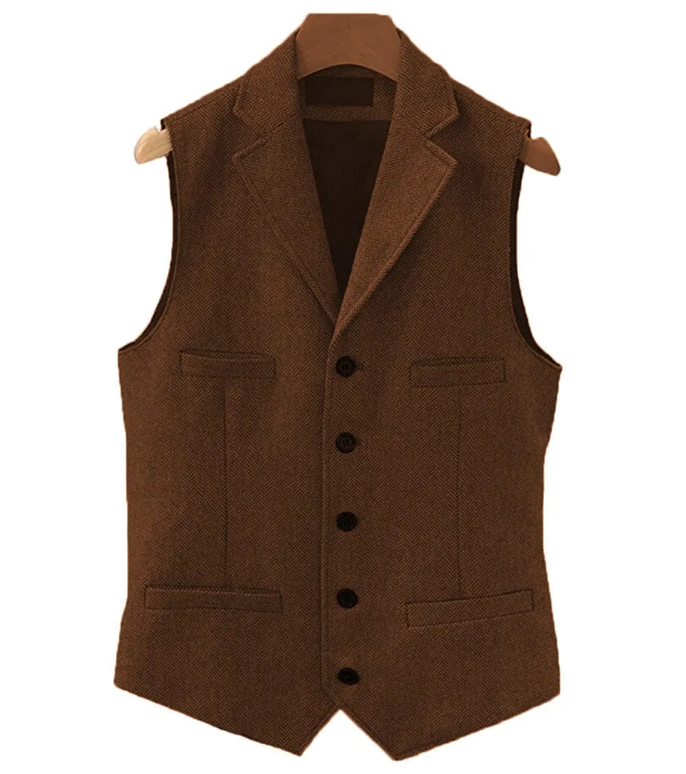 Men's Classic Slim Fit Herringbone Notch Lapel Waistcoat