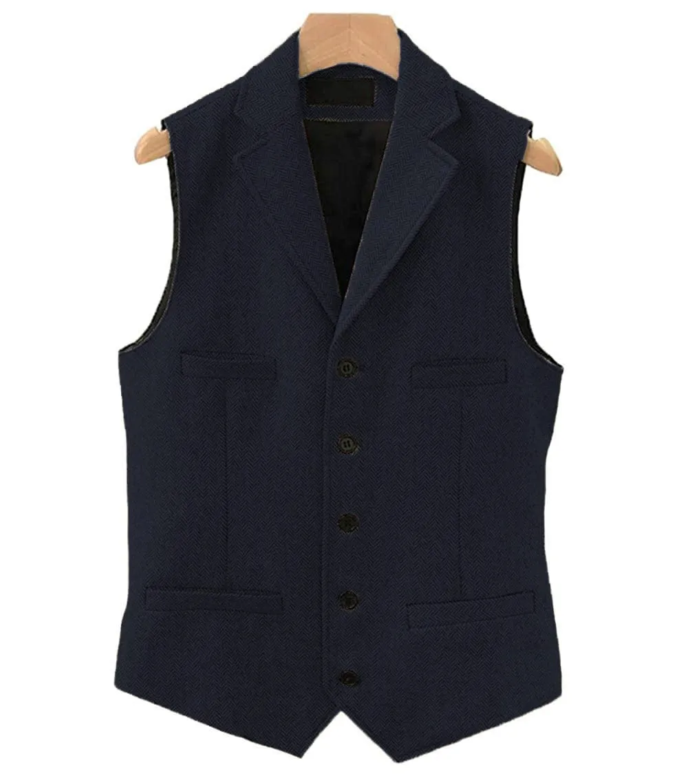 Men's Classic Slim Fit Herringbone Notch Lapel Waistcoat