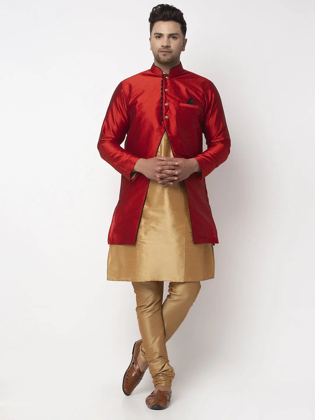 Men's Copper Kurta With Pyjama & Red Self Design Jacket - Benstoke