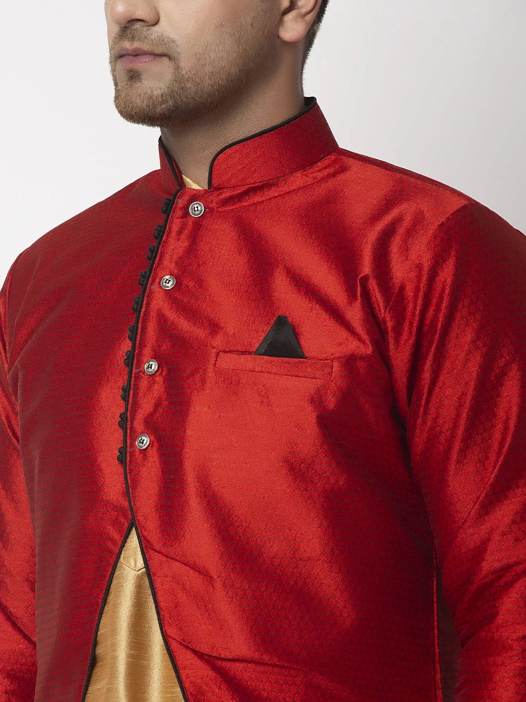 Men's Copper Kurta With Pyjama & Red Self Design Jacket - Benstoke