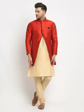 Men's Gold Kurta With Pyjama & Red Self Design Jacket - Benstoke