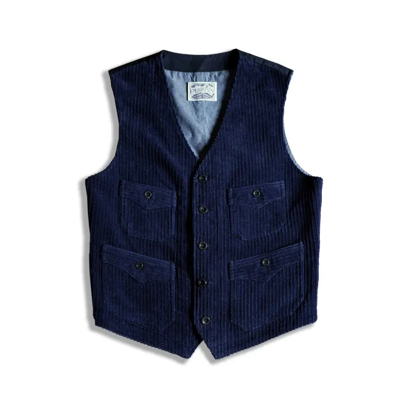 Men's Indigo Dyed V-neck Corduroy Work Vest - Classic Style