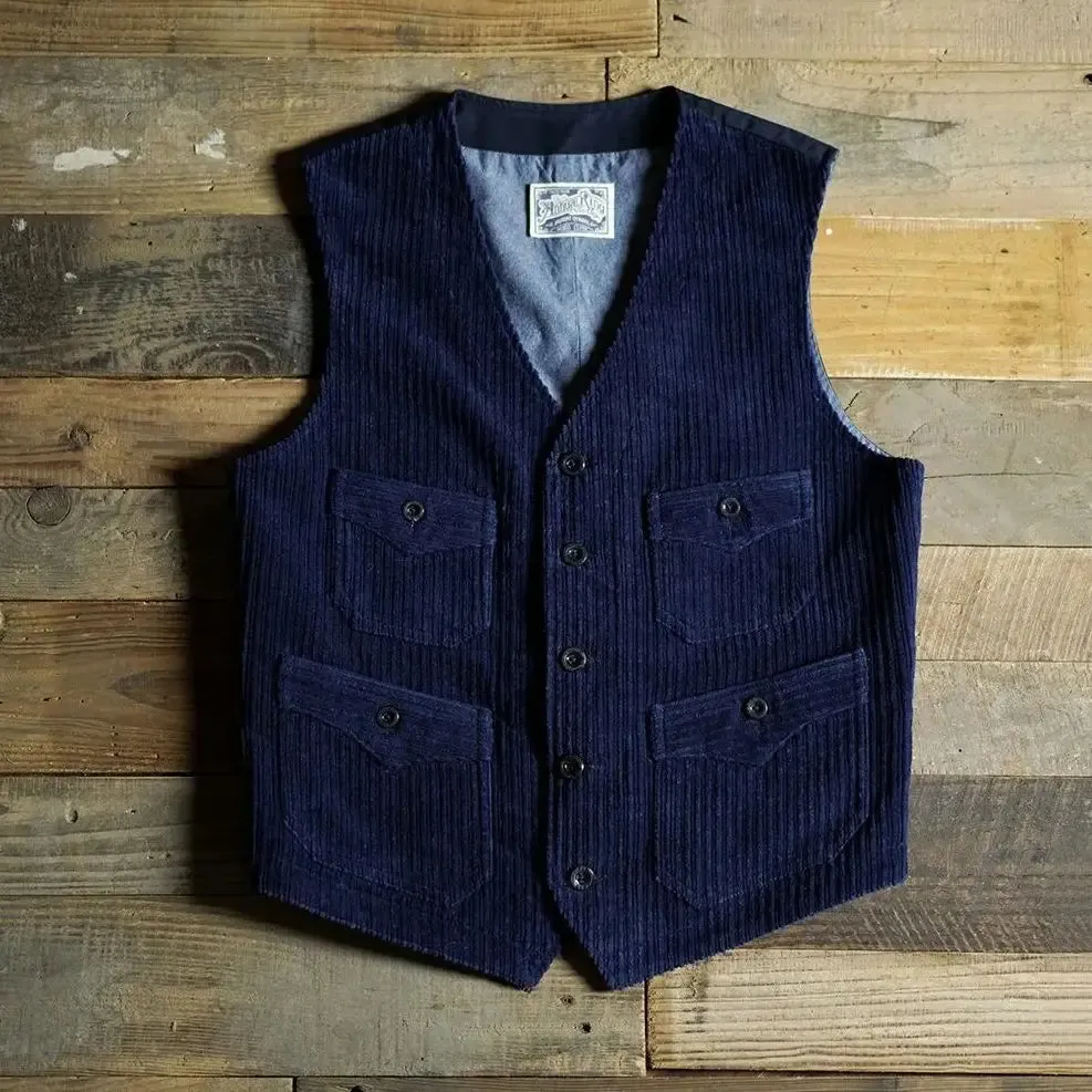 Men's Indigo Dyed V-neck Corduroy Work Vest - Classic Style