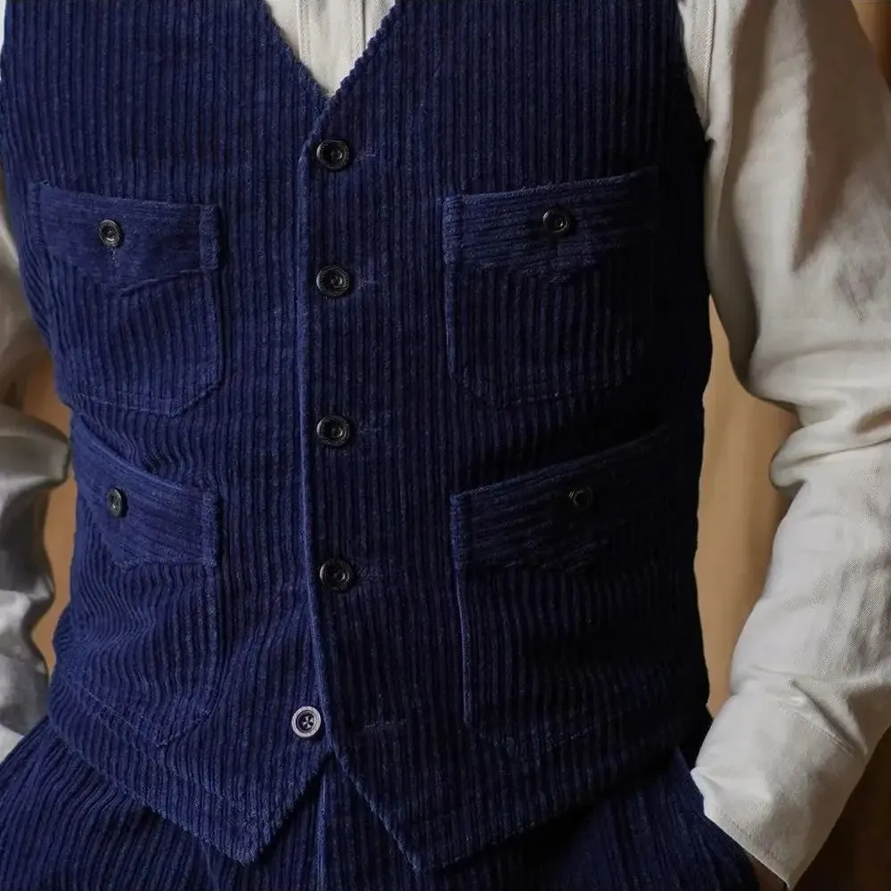 Men's Indigo Dyed V-neck Corduroy Work Vest - Classic Style