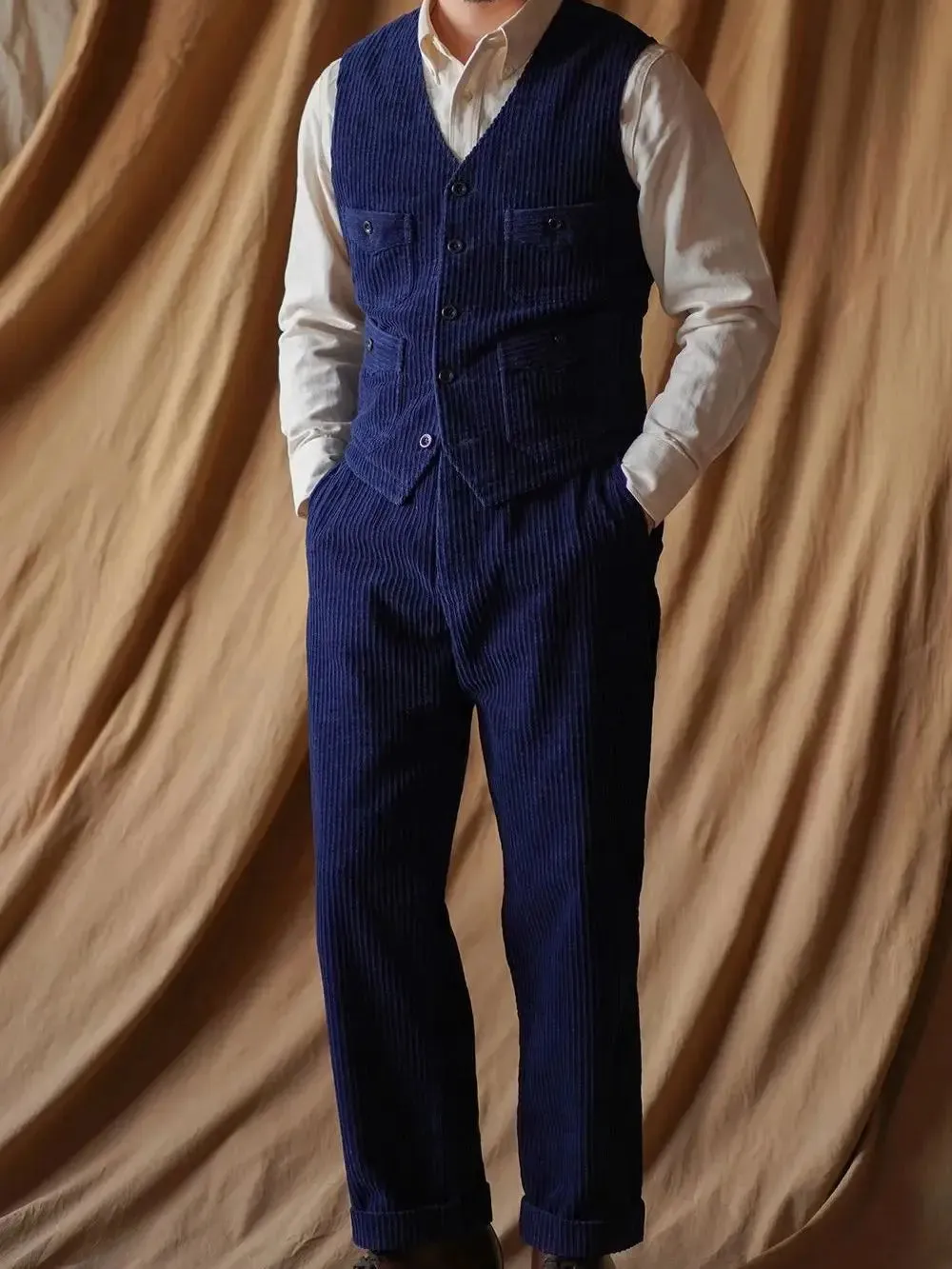 Men's Indigo Dyed V-neck Corduroy Work Vest - Classic Style