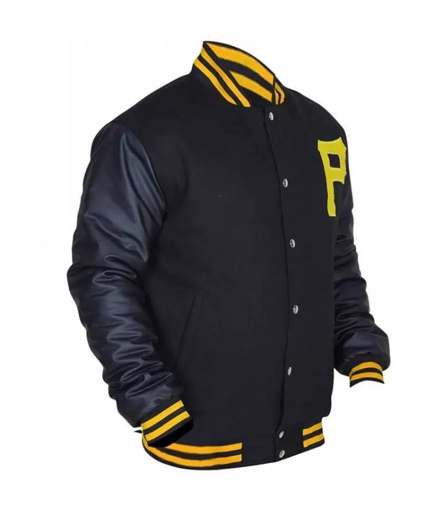 Mens Majestic Pittsburgh Pirates Letterman Bomber Black Jacket