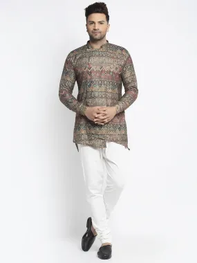 Men's Multicolored Printed Short Kurta With White Pyjama - Benstoke