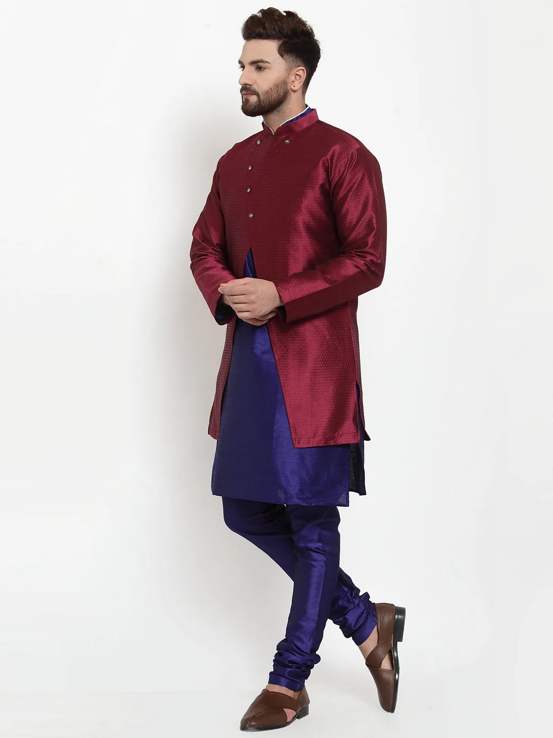 Men's Royal Blue Kurta With Pyjama & Wine Self Design Jacket - Benstoke