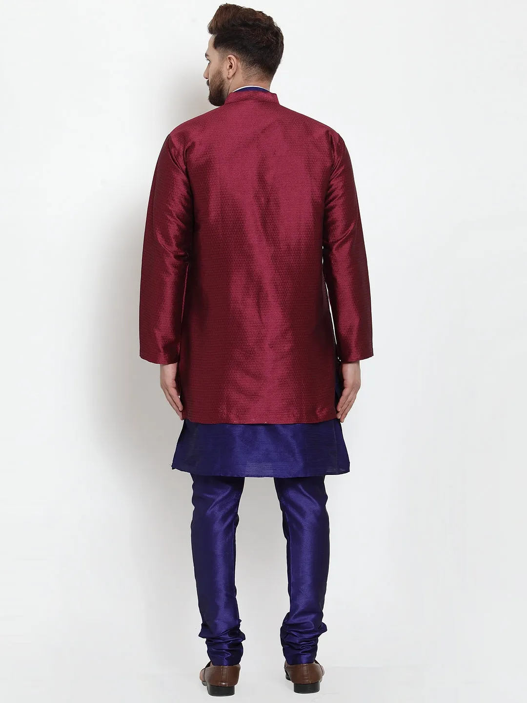 Men's Royal Blue Kurta With Pyjama & Wine Self Design Jacket - Benstoke