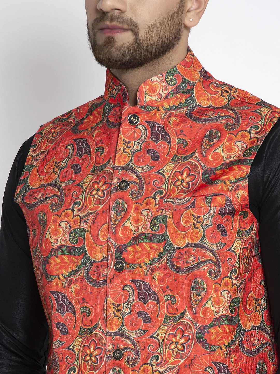 Men's Silk Blend Black Kurta With Pyjama & Orange Printed Nehru Jacket - Benstoke