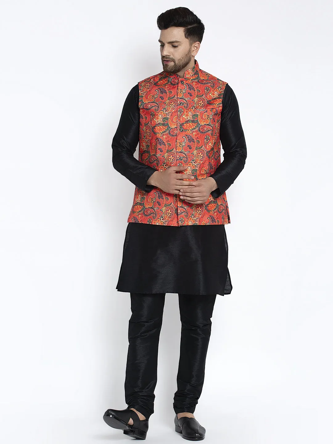 Men's Silk Blend Black Kurta With Pyjama & Orange Printed Nehru Jacket - Benstoke