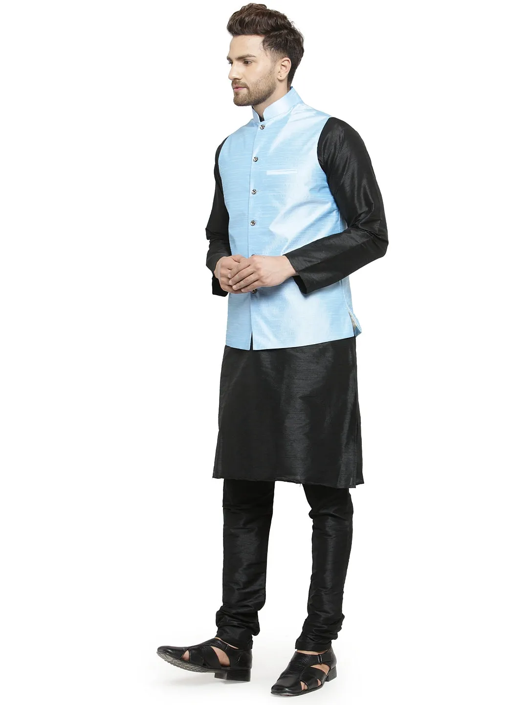 Men's Silk Blend Black Kurta With Pyjama & Sky Blue Nehru Jacket - Benstoke