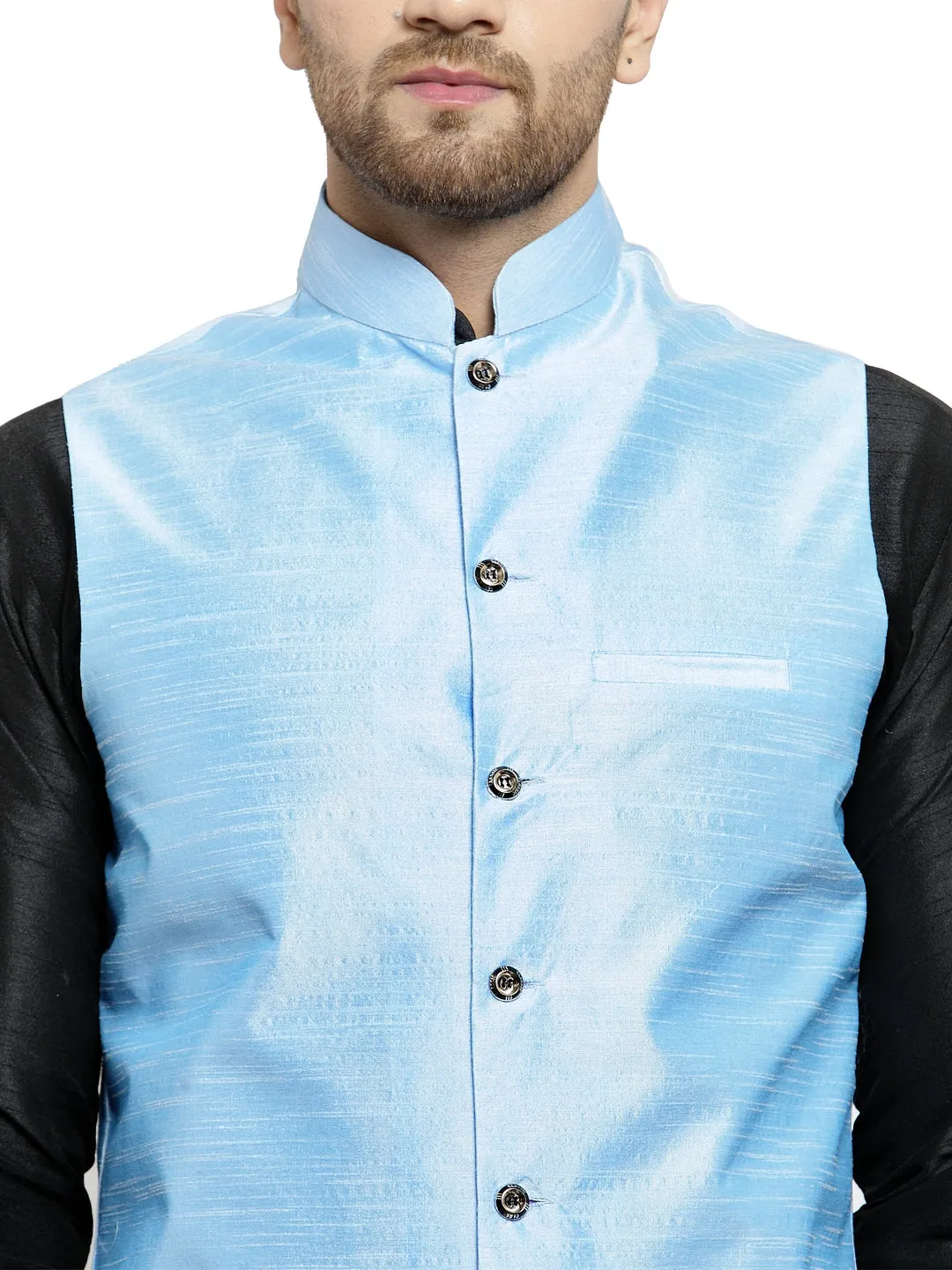 Men's Silk Blend Black Kurta With Pyjama & Sky Blue Nehru Jacket - Benstoke