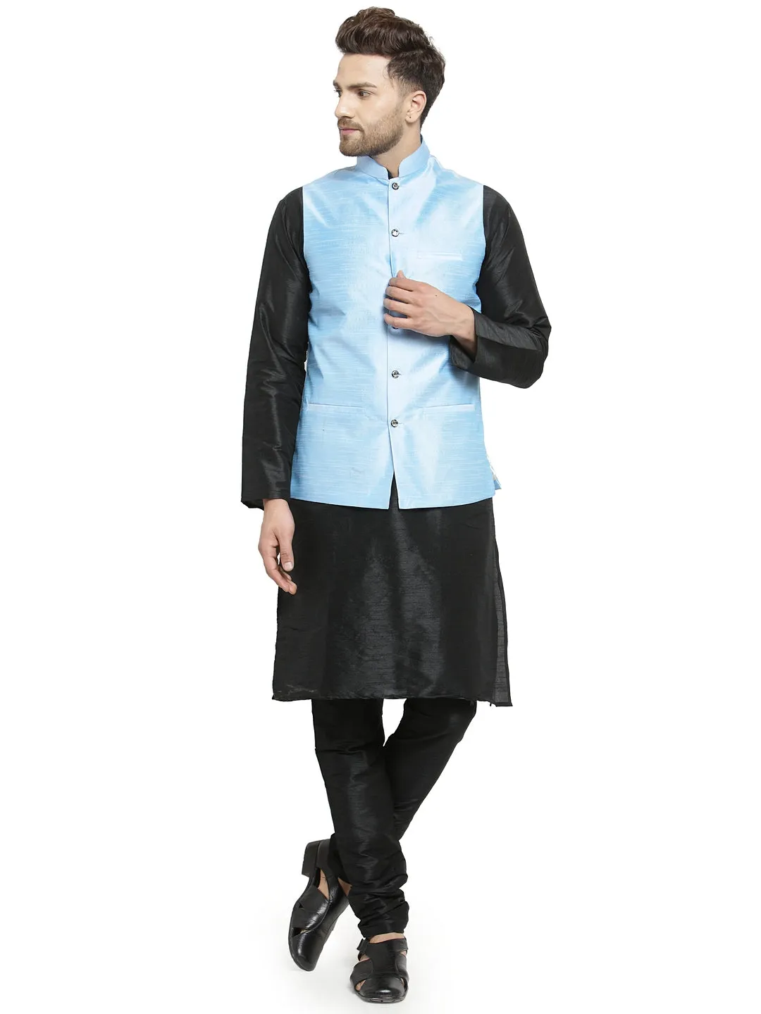 Men's Silk Blend Black Kurta With Pyjama & Sky Blue Nehru Jacket - Benstoke