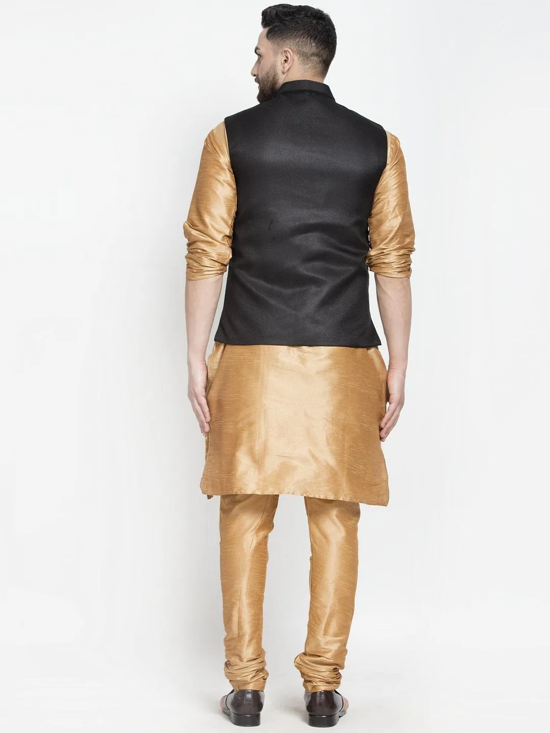 Men's Silk Blend Copper Kurta With Pyjama & Black Nehru Jacket - Benstoke