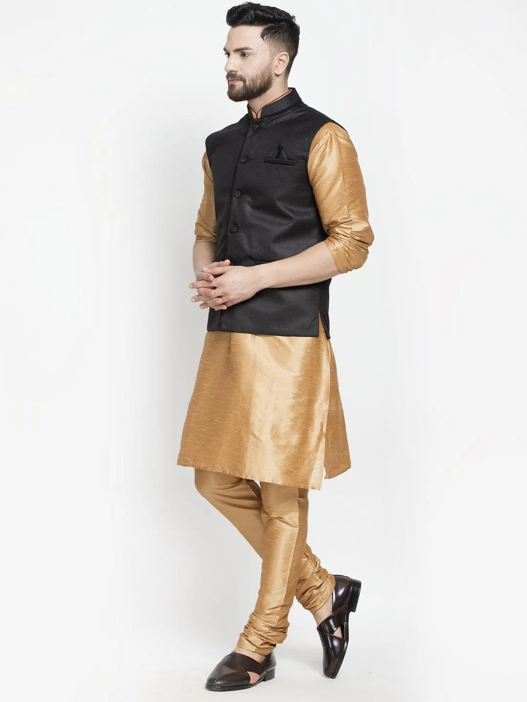 Men's Silk Blend Copper Kurta With Pyjama & Black Nehru Jacket - Benstoke