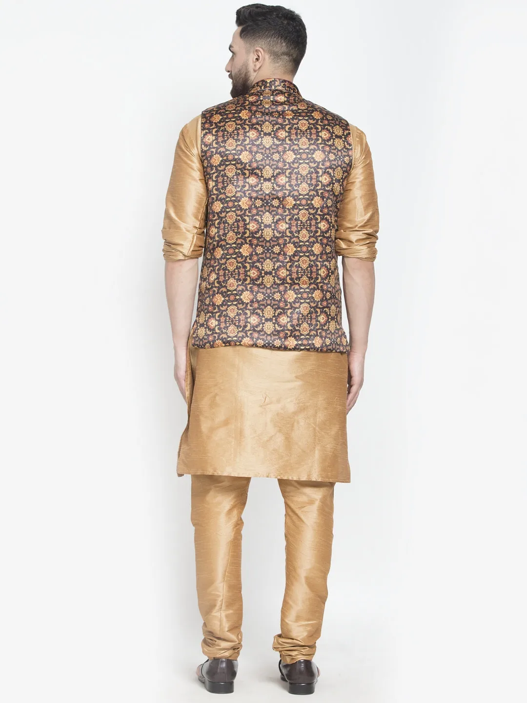 Men's Silk Blend Copper Kurta With Pyjama & Brown Printed Nehru Jacket - Benstoke