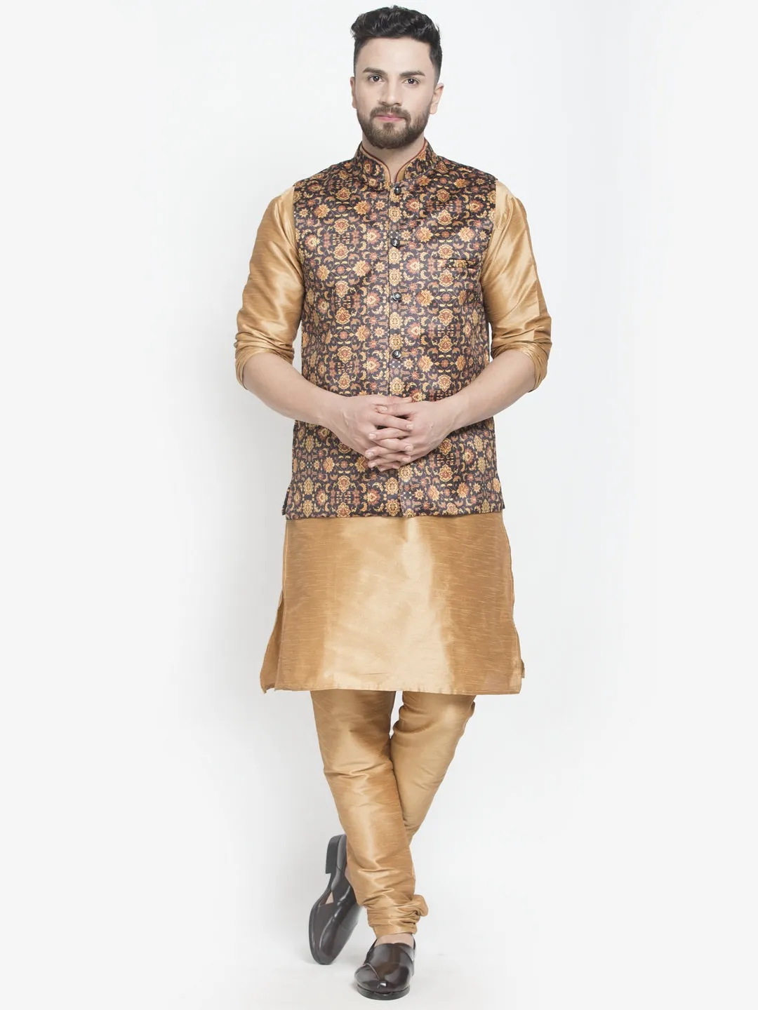 Men's Silk Blend Copper Kurta With Pyjama & Brown Printed Nehru Jacket - Benstoke