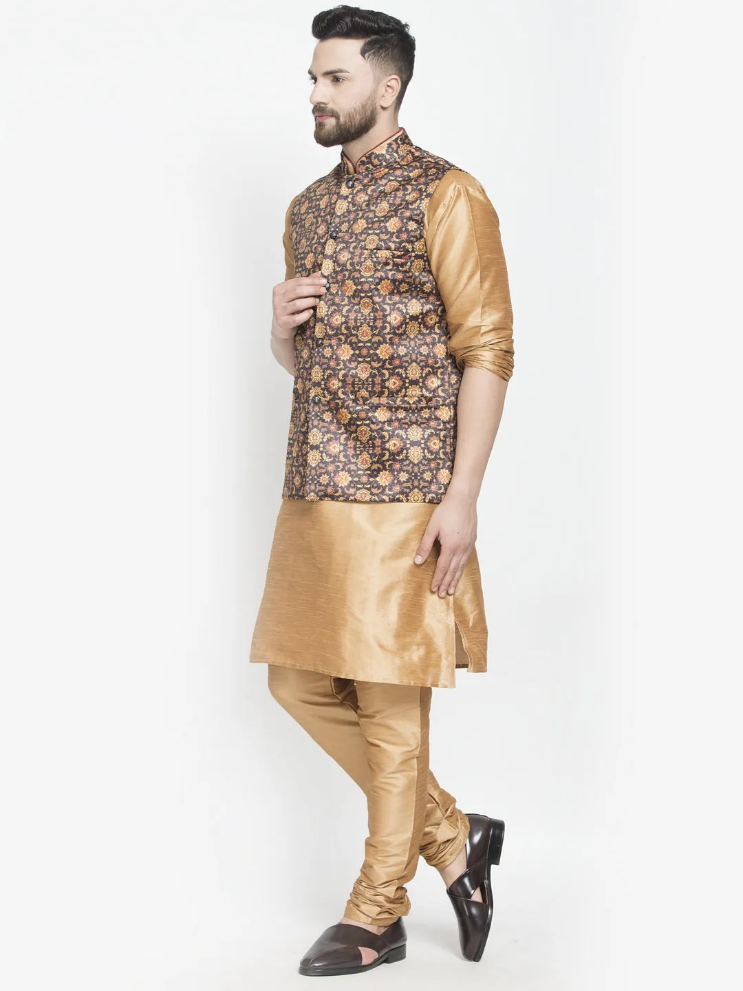 Men's Silk Blend Copper Kurta With Pyjama & Brown Printed Nehru Jacket - Benstoke