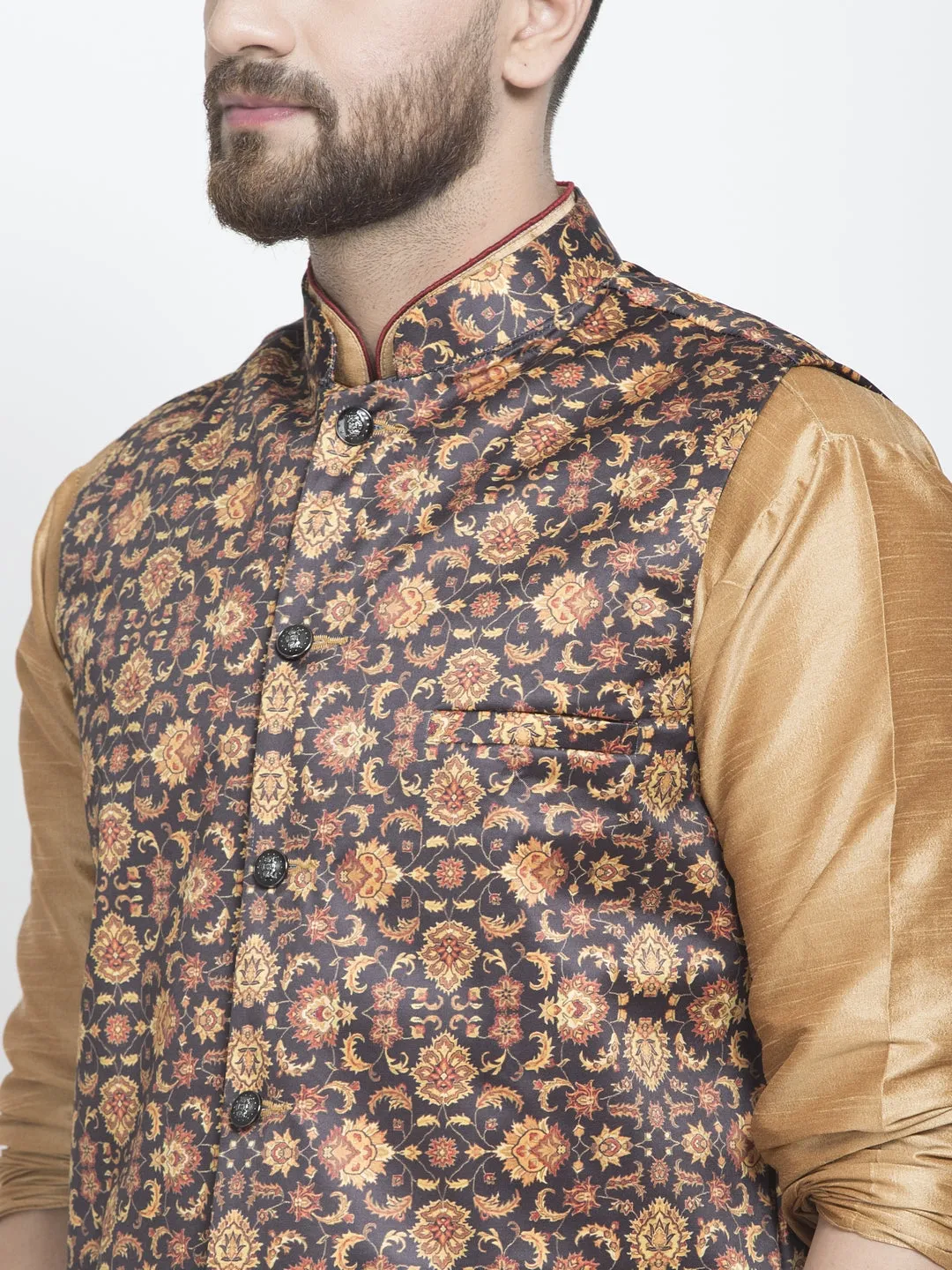 Men's Silk Blend Copper Kurta With Pyjama & Brown Printed Nehru Jacket - Benstoke