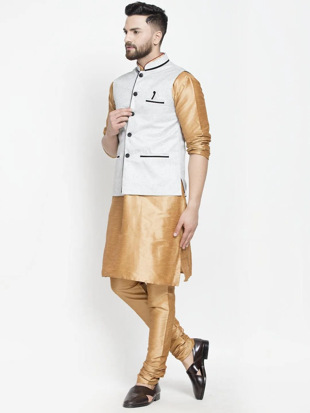 Men's Silk Blend Copper Kurta With Pyjama & Grey Nehru Jacket - Benstoke