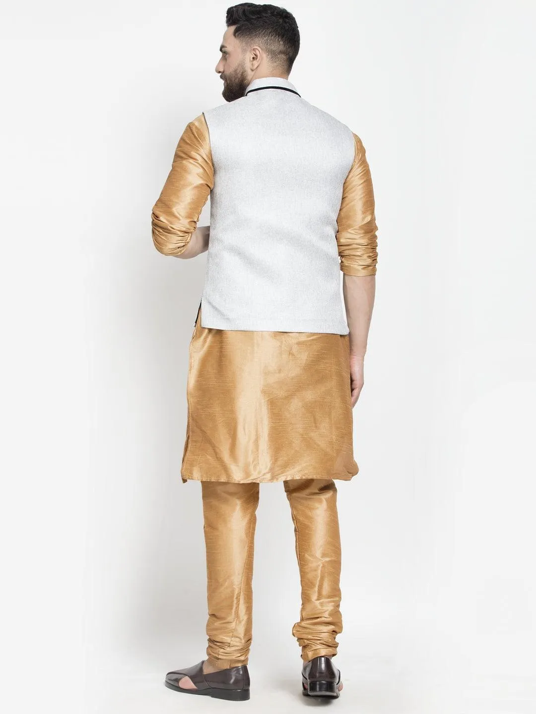 Men's Silk Blend Copper Kurta With Pyjama & Grey Nehru Jacket - Benstoke