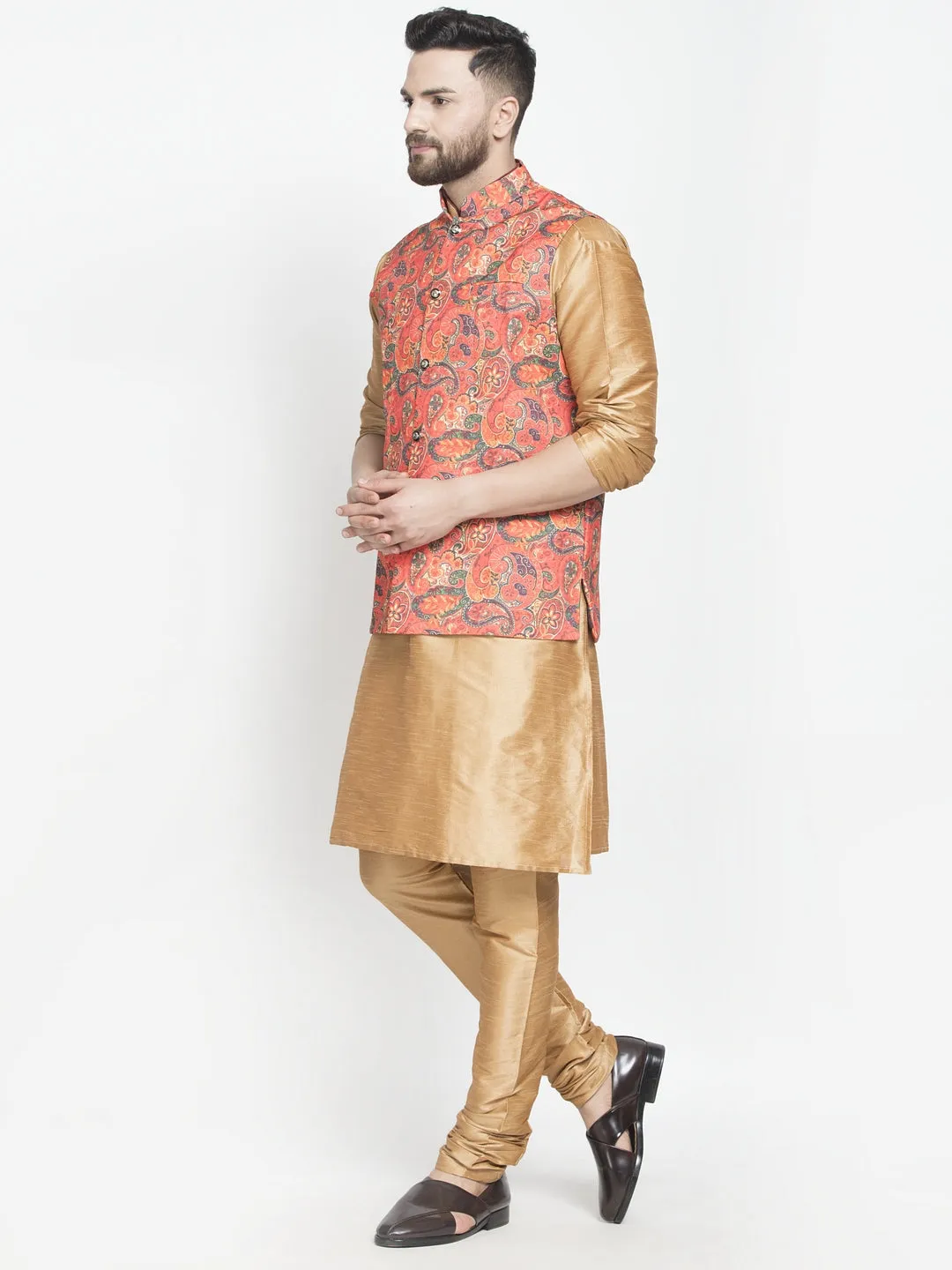 Men's Silk Blend Copper Kurta With Pyjama & Orange Printed Nehru Jacket - Benstoke