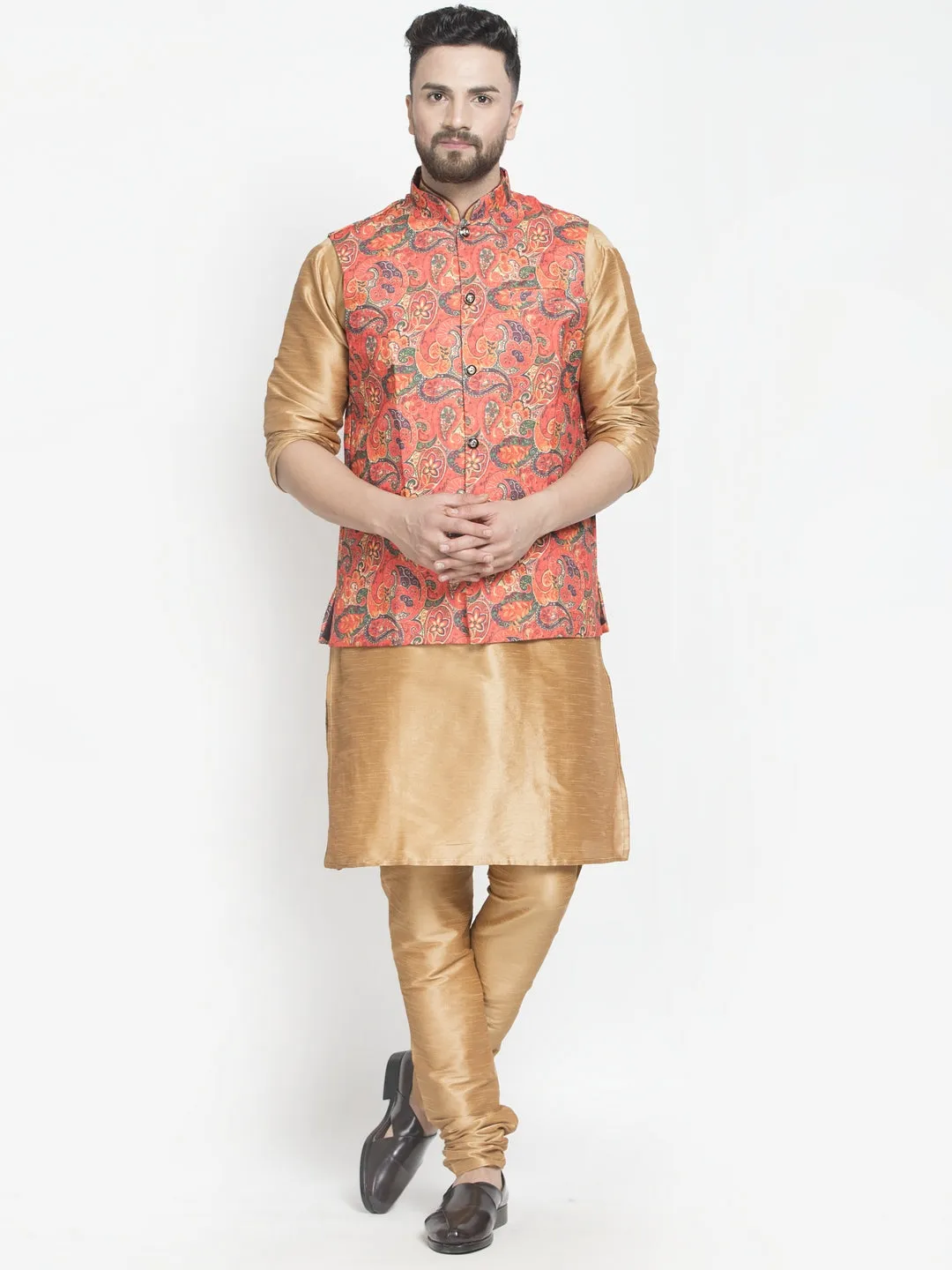 Men's Silk Blend Copper Kurta With Pyjama & Orange Printed Nehru Jacket - Benstoke