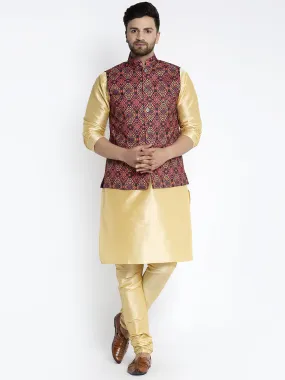 Men's Silk Blend Gold Kurta With Pyjama & Rust Printed Nehru Jacket - Benstoke