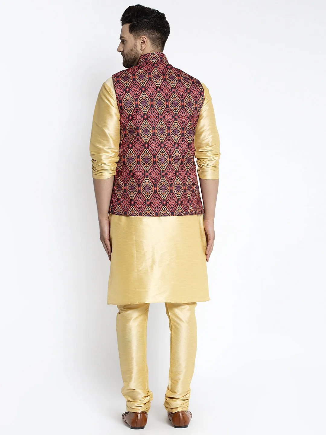 Men's Silk Blend Gold Kurta With Pyjama & Rust Printed Nehru Jacket - Benstoke