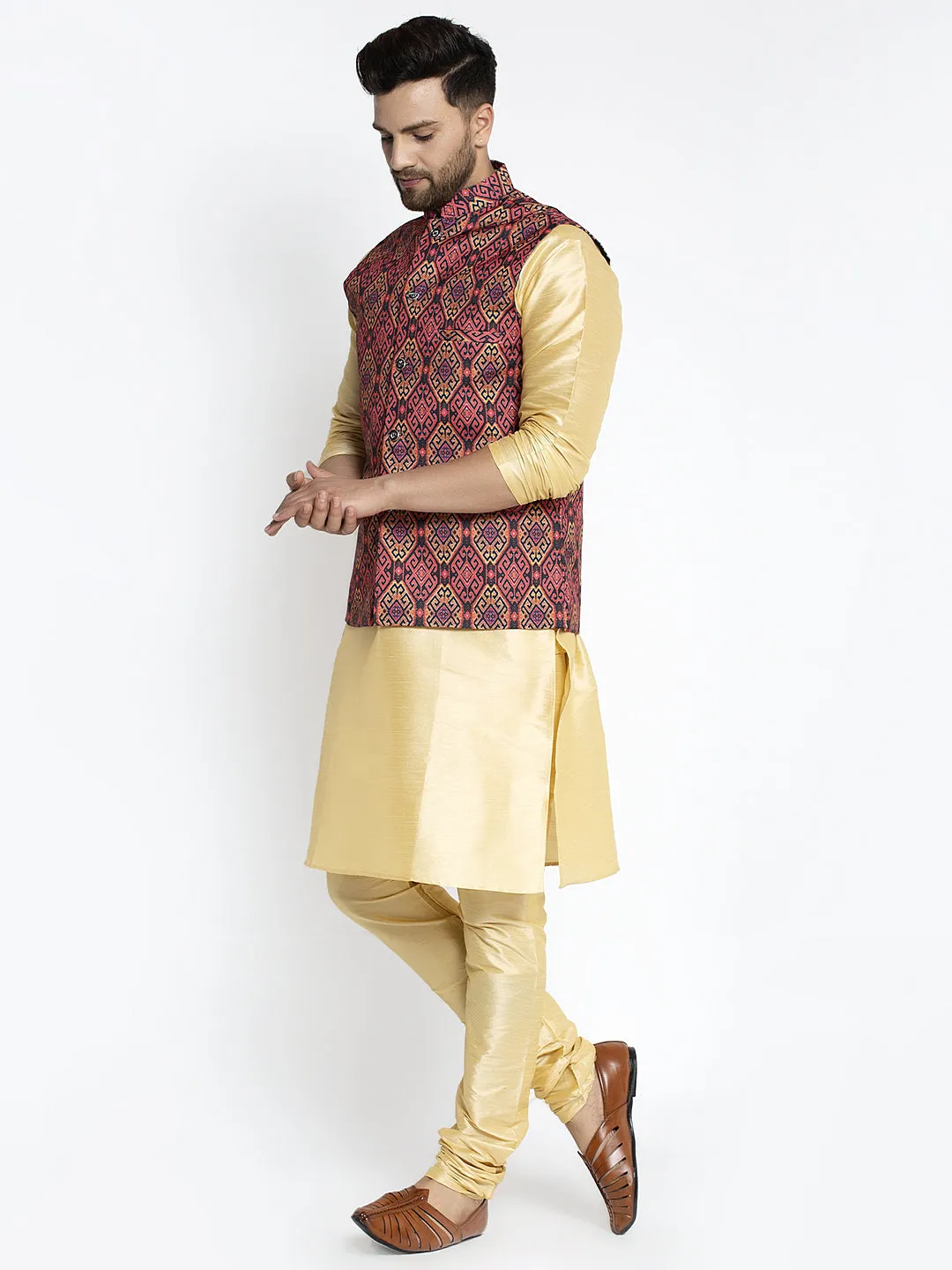 Men's Silk Blend Gold Kurta With Pyjama & Rust Printed Nehru Jacket - Benstoke