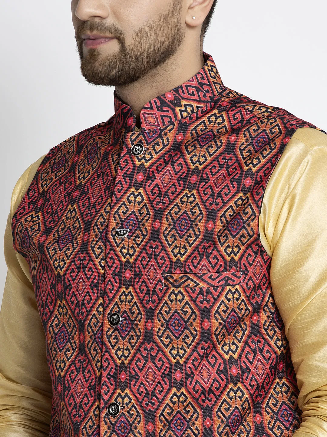 Men's Silk Blend Gold Kurta With Pyjama & Rust Printed Nehru Jacket - Benstoke