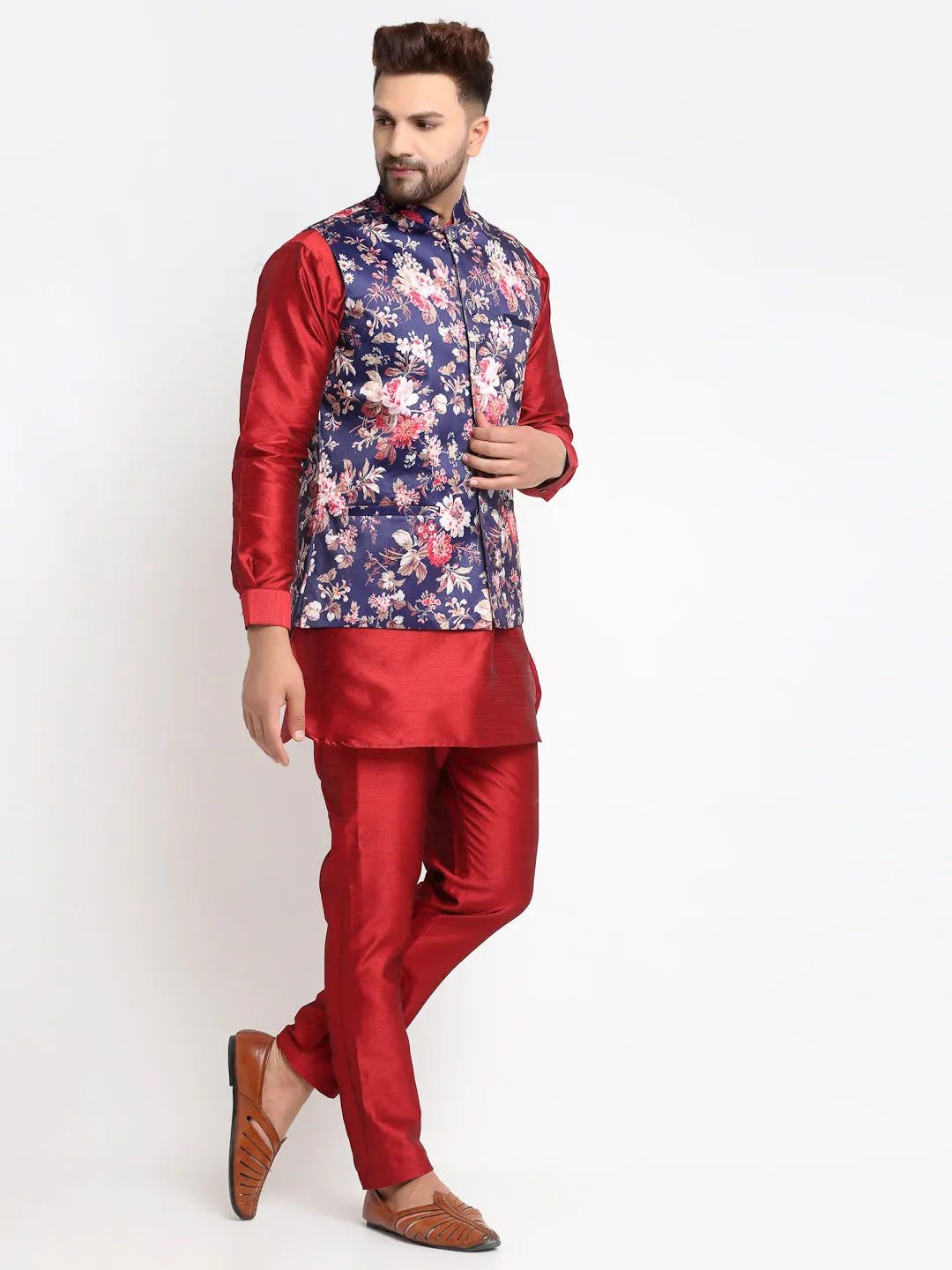 Men's Silk Blend Maroon Kurta With Pyjama & Navy Blue Printed Nehru Jacket - Benstoke