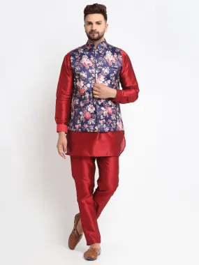 Men's Silk Blend Maroon Kurta With Pyjama & Navy Blue Printed Nehru Jacket - Benstoke