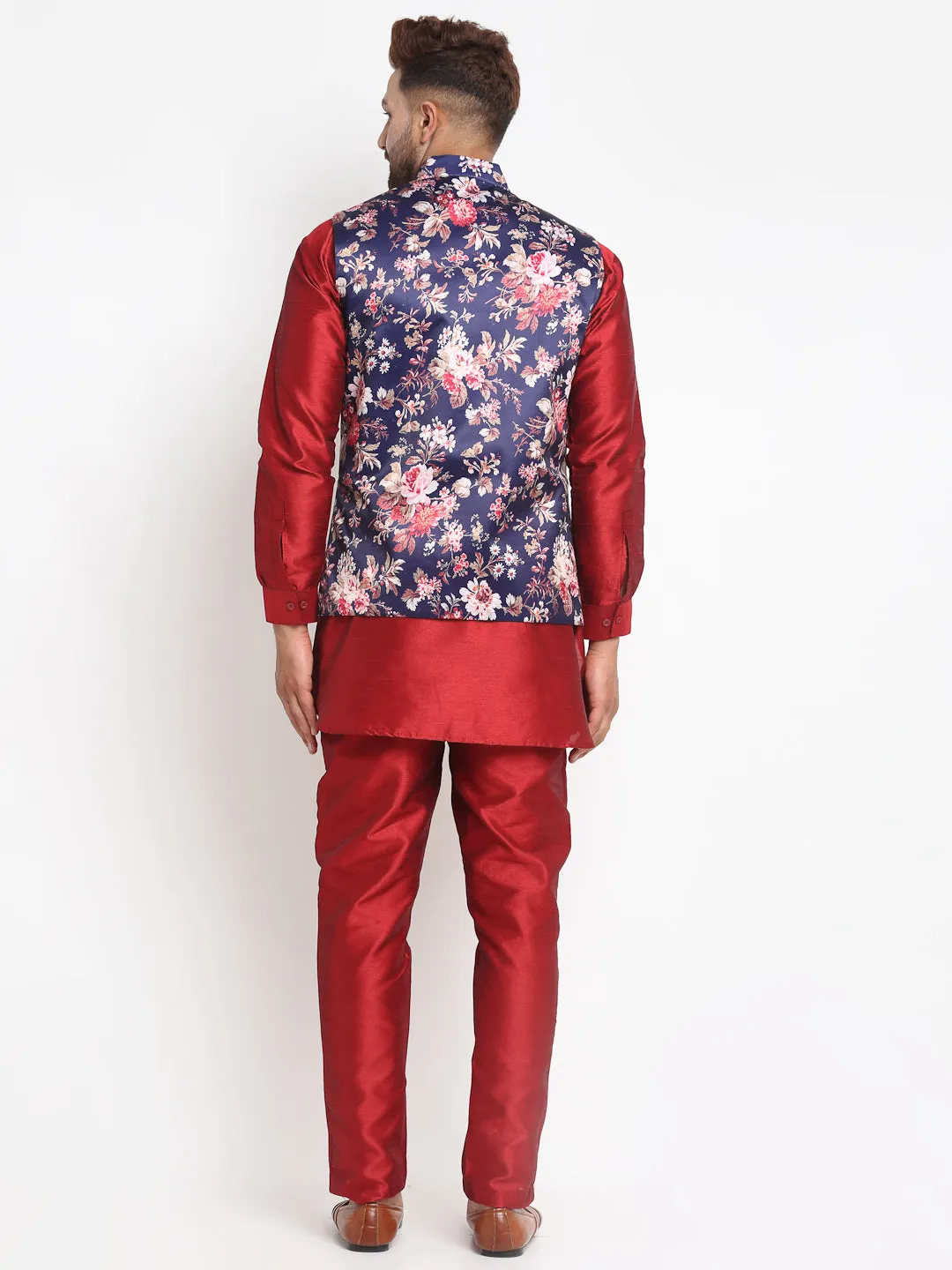 Men's Silk Blend Maroon Kurta With Pyjama & Navy Blue Printed Nehru Jacket - Benstoke