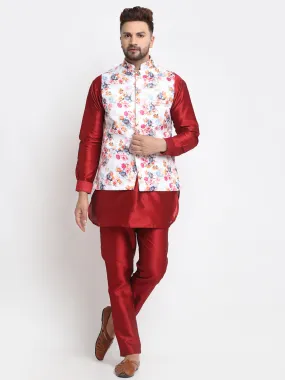 Men's Silk Blend Maroon Kurta With Pyjama & White Printed Nehru Jacket - Benstoke