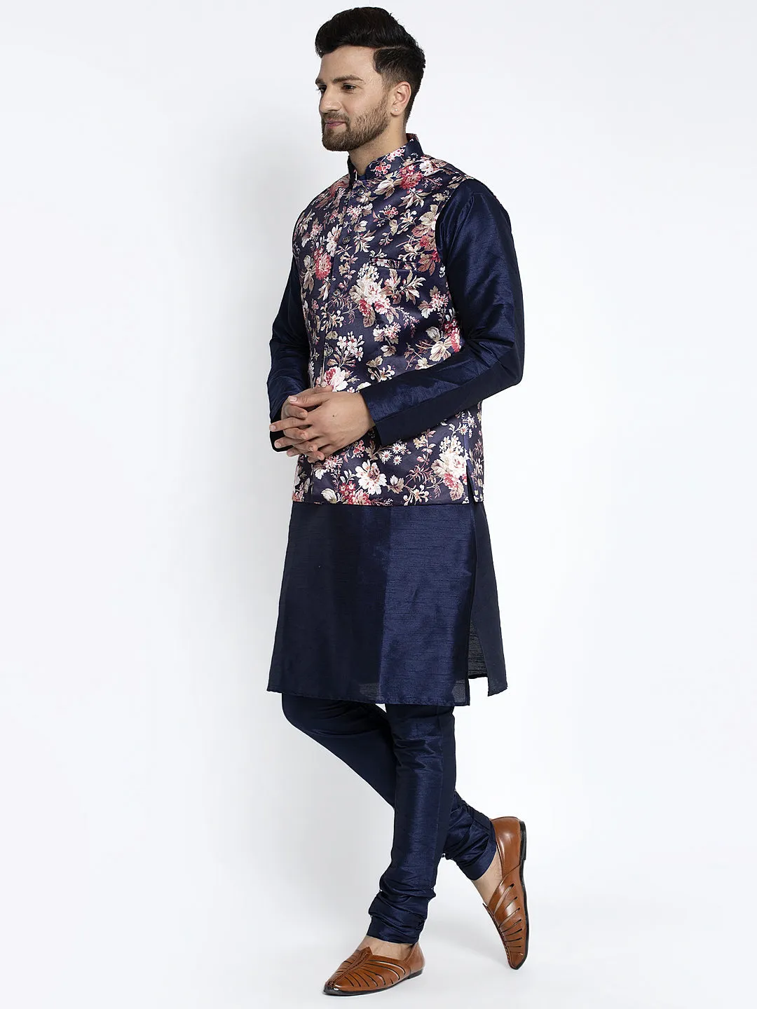 Men's Silk Blend Navy Blue Kurta With Pyjama & Navy Blue Printed Nehru Jacket - Benstoke