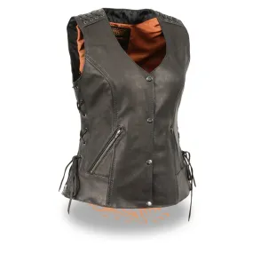 Milwaukee Leather MLL4525 Women's Black Leather Lightweight Lace to Lace Lower Zip Expansion Motorcycle Rider Vest