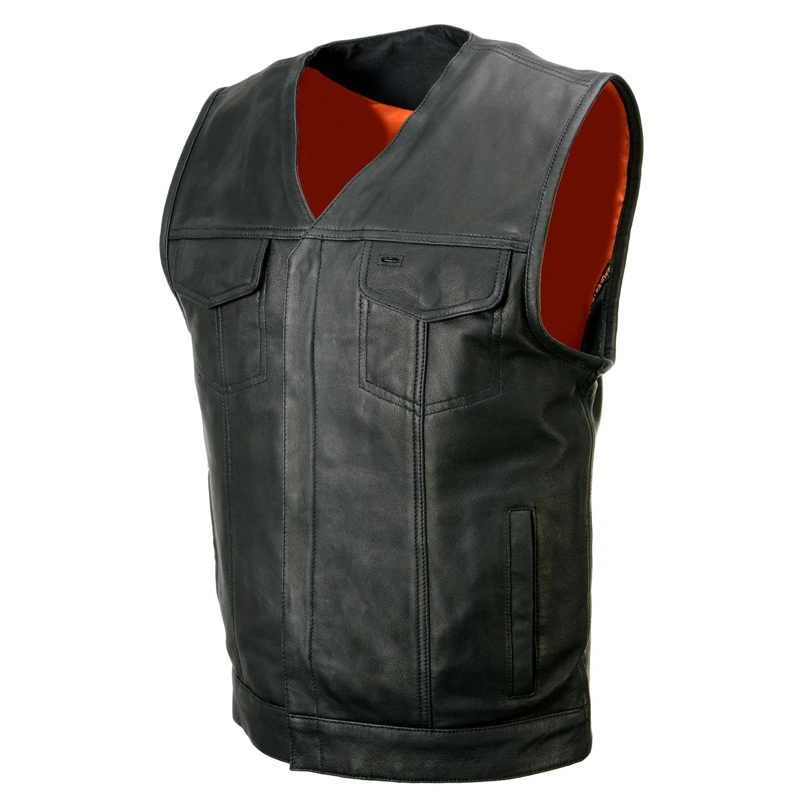 Milwaukee Leather MLM3503 Men's 'Pursuit' Black Premium Naked Goad Leather V Neck Motorcycle Rider Vest