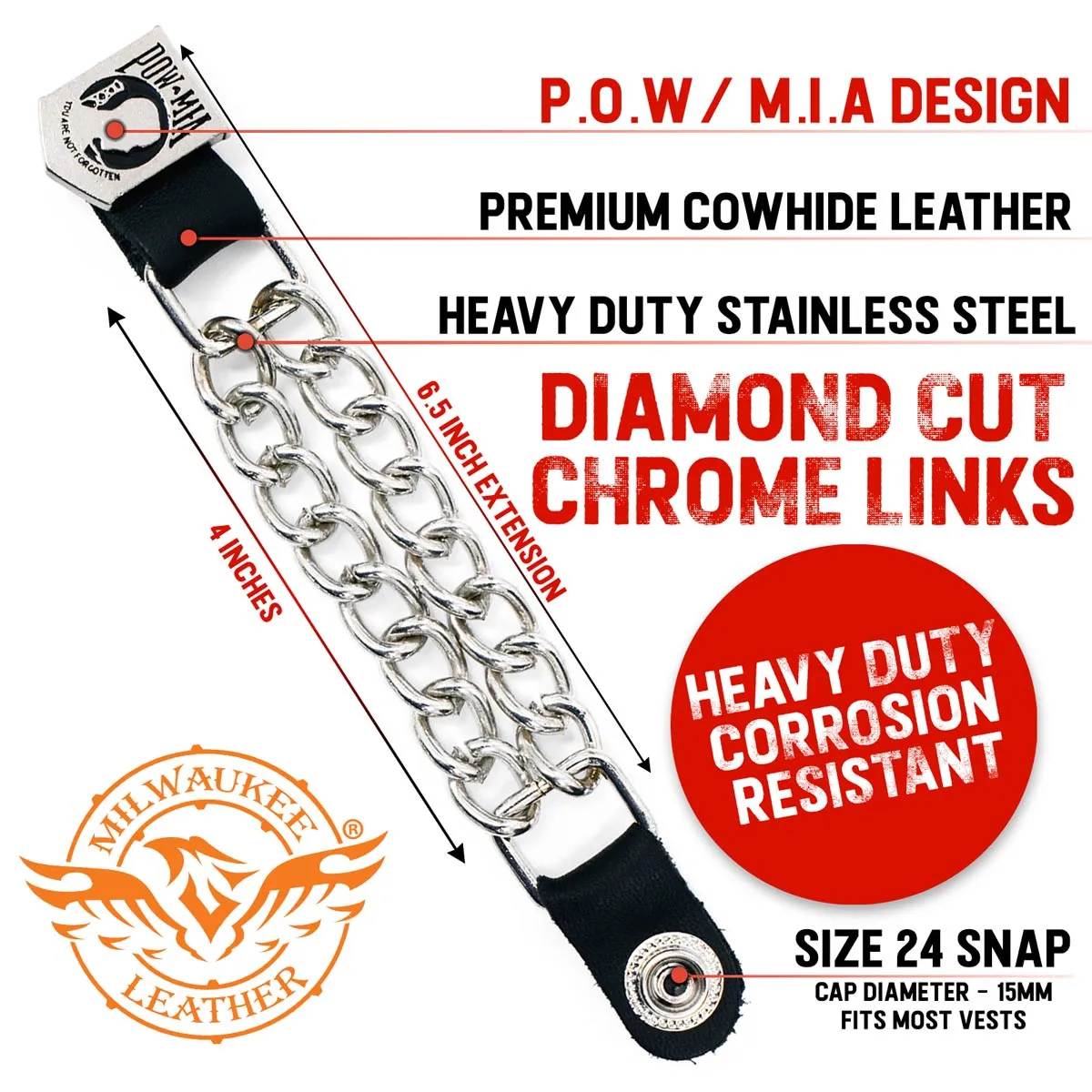 Milwaukee Leather POW/MIA Medallion Vest Extender - Double Chrome Chains Genuine Leather 6.5" Extension MLA1017-Single