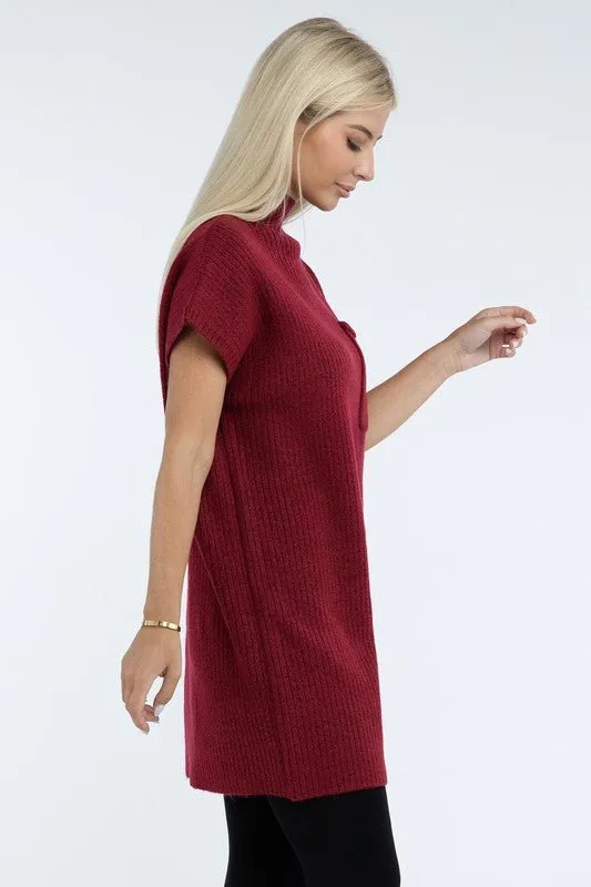 Mock Neck Short Sleeve Sweater Dress with Pocket