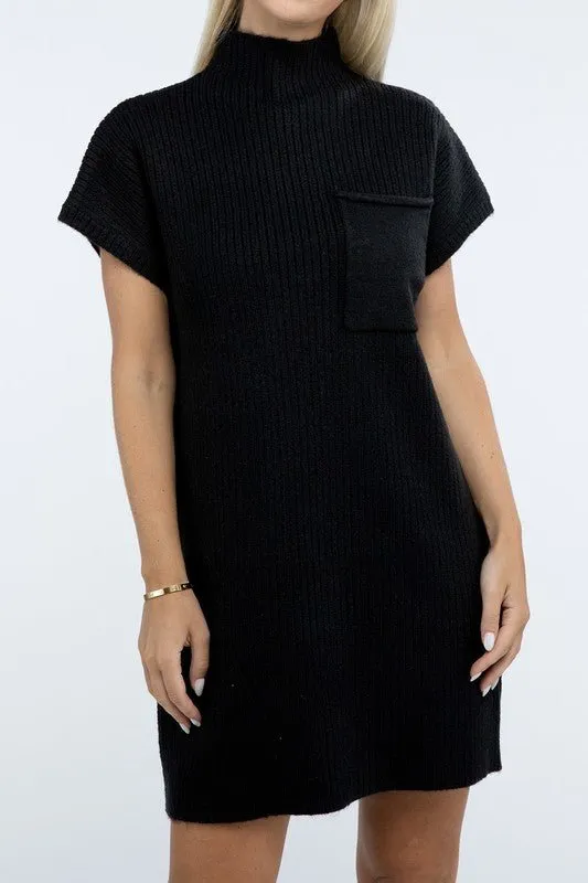 Mock Neck Short Sleeve Sweater Dress with Pocket