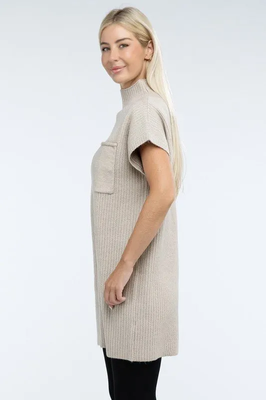 Mock Neck Short Sleeve Sweater Dress with Pocket